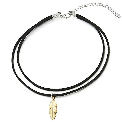 Ladies Womens Black Choker Necklace with Feather