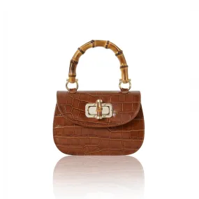 Leather Croc Embossed Mini Bag with Bamboo Handle Dark Tan