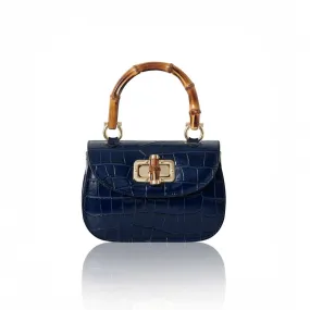 Leather Croc Embossed Mini Bag with Bamboo Handle Navy