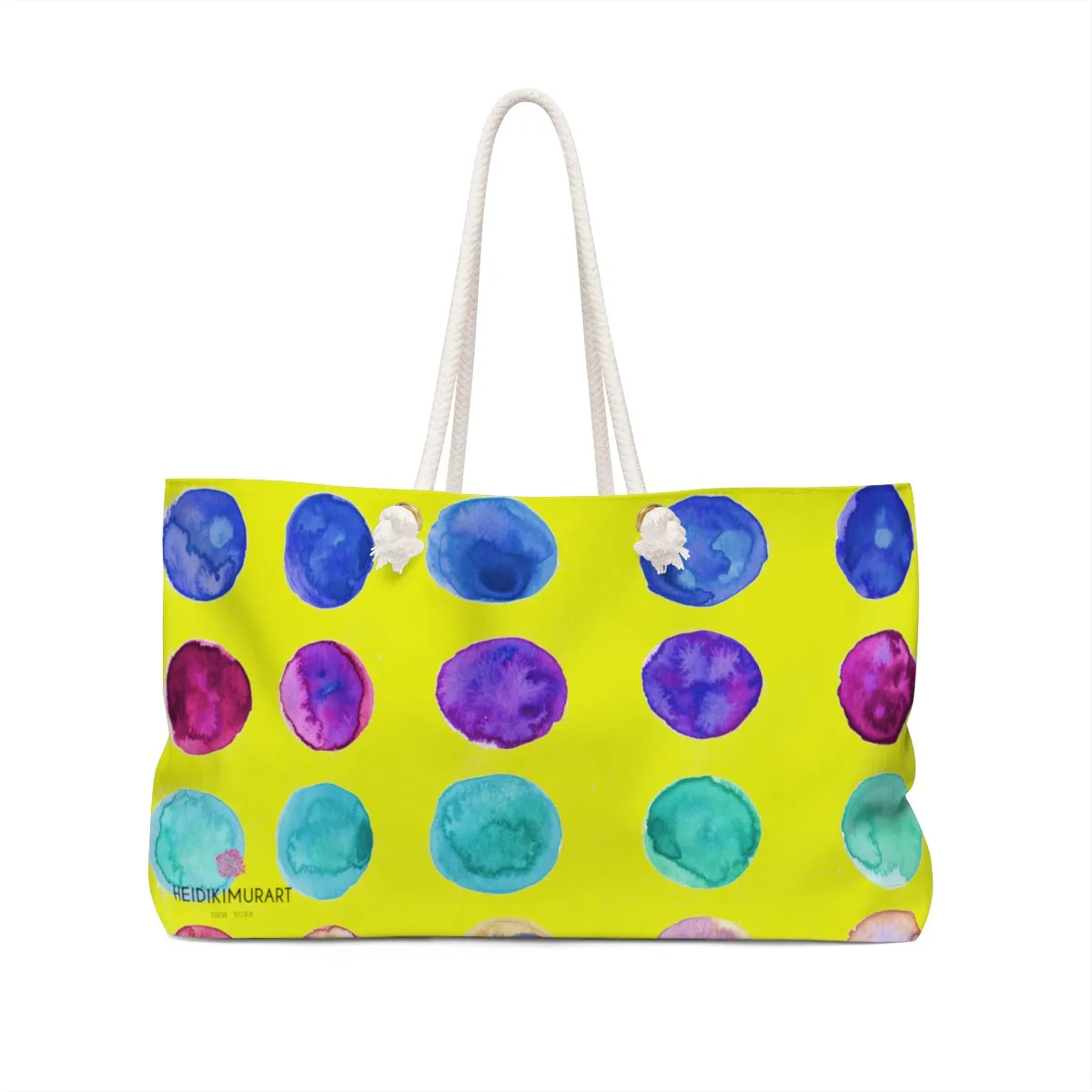 Lemon Yellow Dots Tote, Designer Colorful Polka Dot Designer 24"x13" Weekender Bag For Women or Men