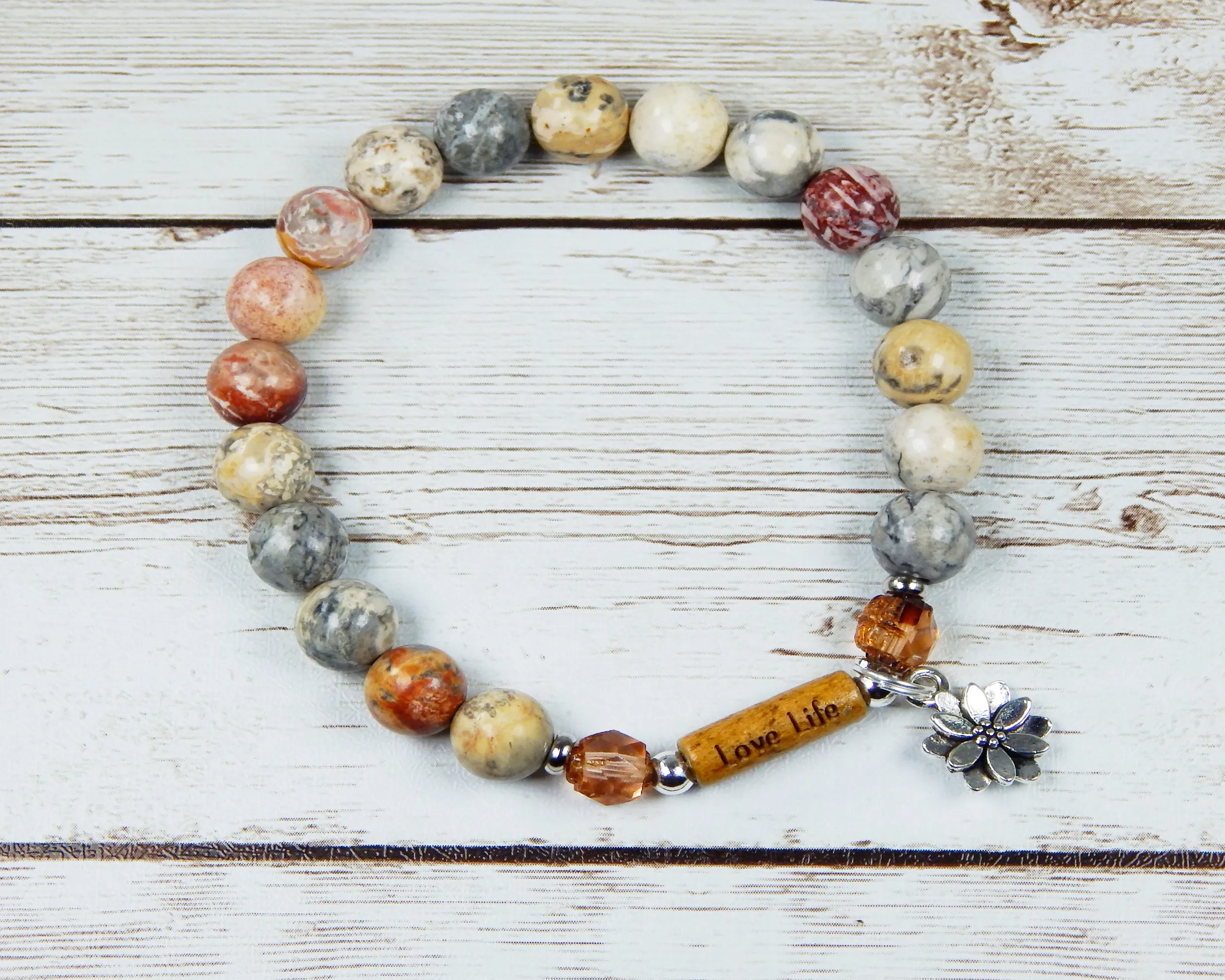 Love Life Jasper Beaded Bracelet - Lotus Flower Charm and Word Bead Message Jewelry