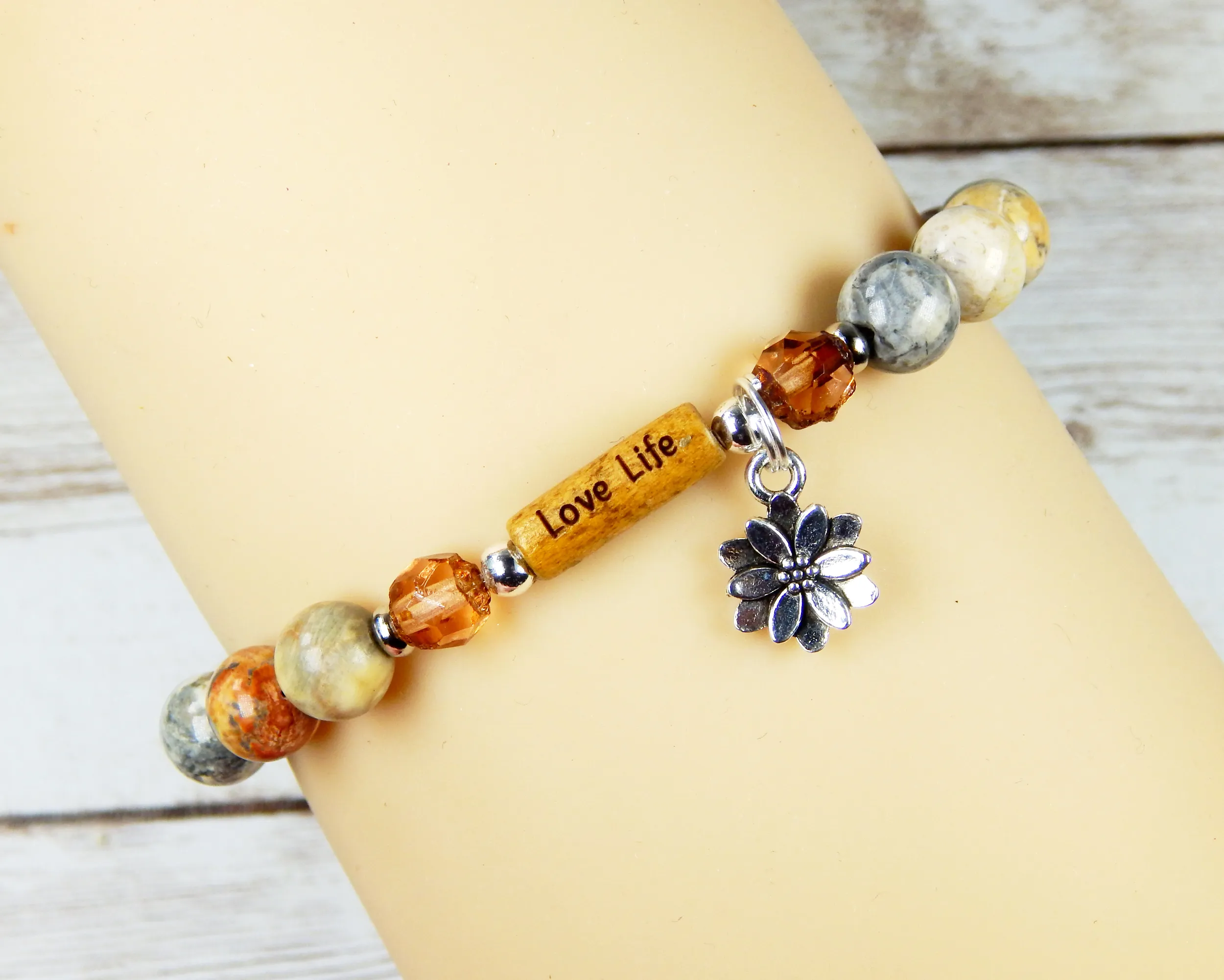 Love Life Jasper Beaded Bracelet - Lotus Flower Charm and Word Bead Message Jewelry