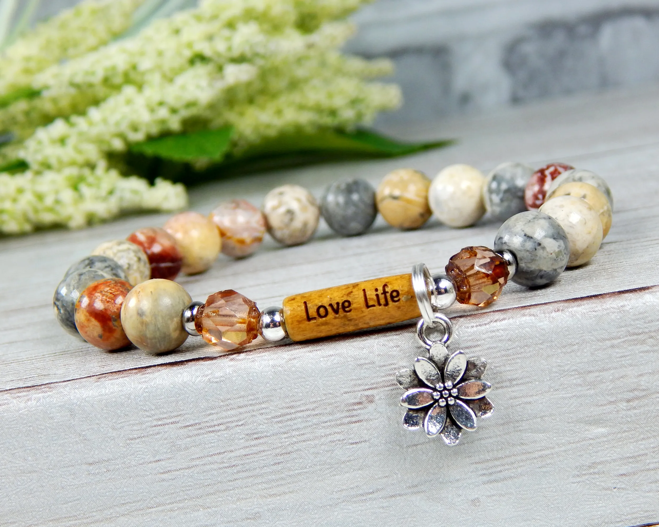 Love Life Jasper Beaded Bracelet - Lotus Flower Charm and Word Bead Message Jewelry