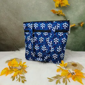 Medium Size Handbag Dark Blue with White Ditsy Floral Leaf Prints Design