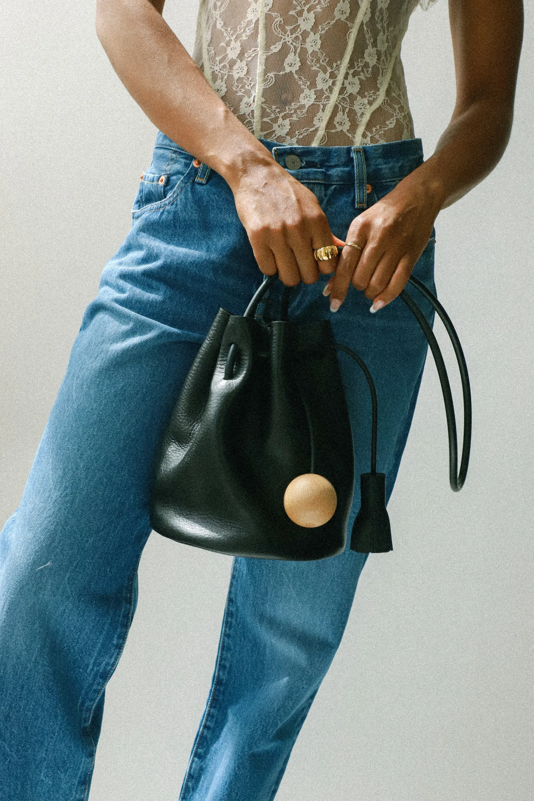 Mini Black Pebbled Bucket Bag