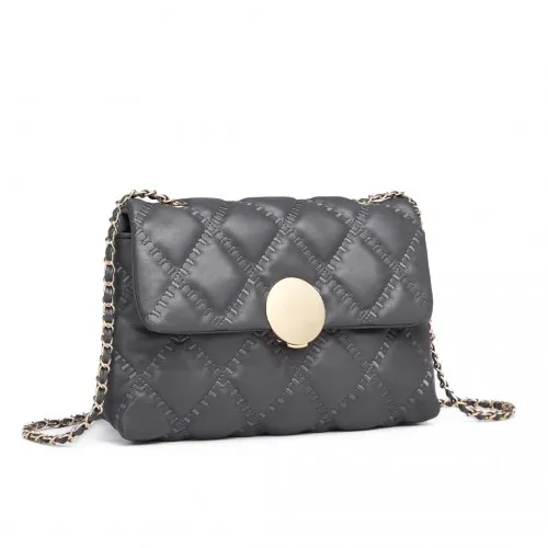 Miss Lulu Smooth Flap Chain Shoulder Bag - Grey | Stylish PU Leather Handbag