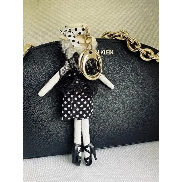 Parisian Doll Keyring Bag Charm - Black Polka Dots