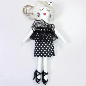 Parisian Doll Keyring Bag Charm - Black Polka Dots