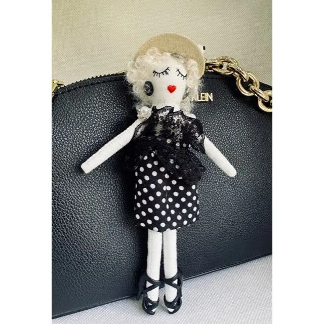 Parisian Doll Keyring Bag Charm - Black Polka Dots