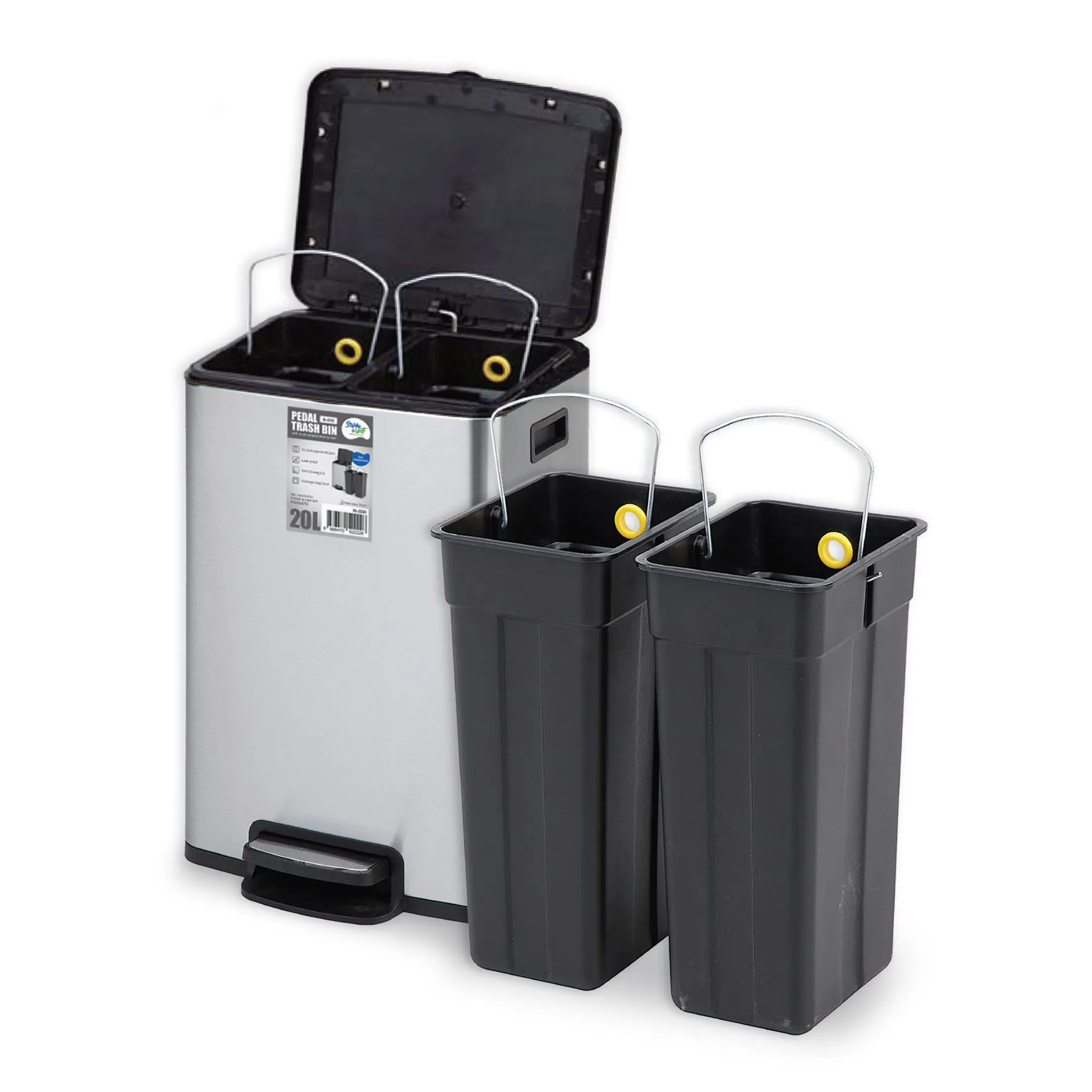 Pedal Trash Bin / Waste Bin / Dustbin with 2 Inner Bins 20L (Stainless Steel)