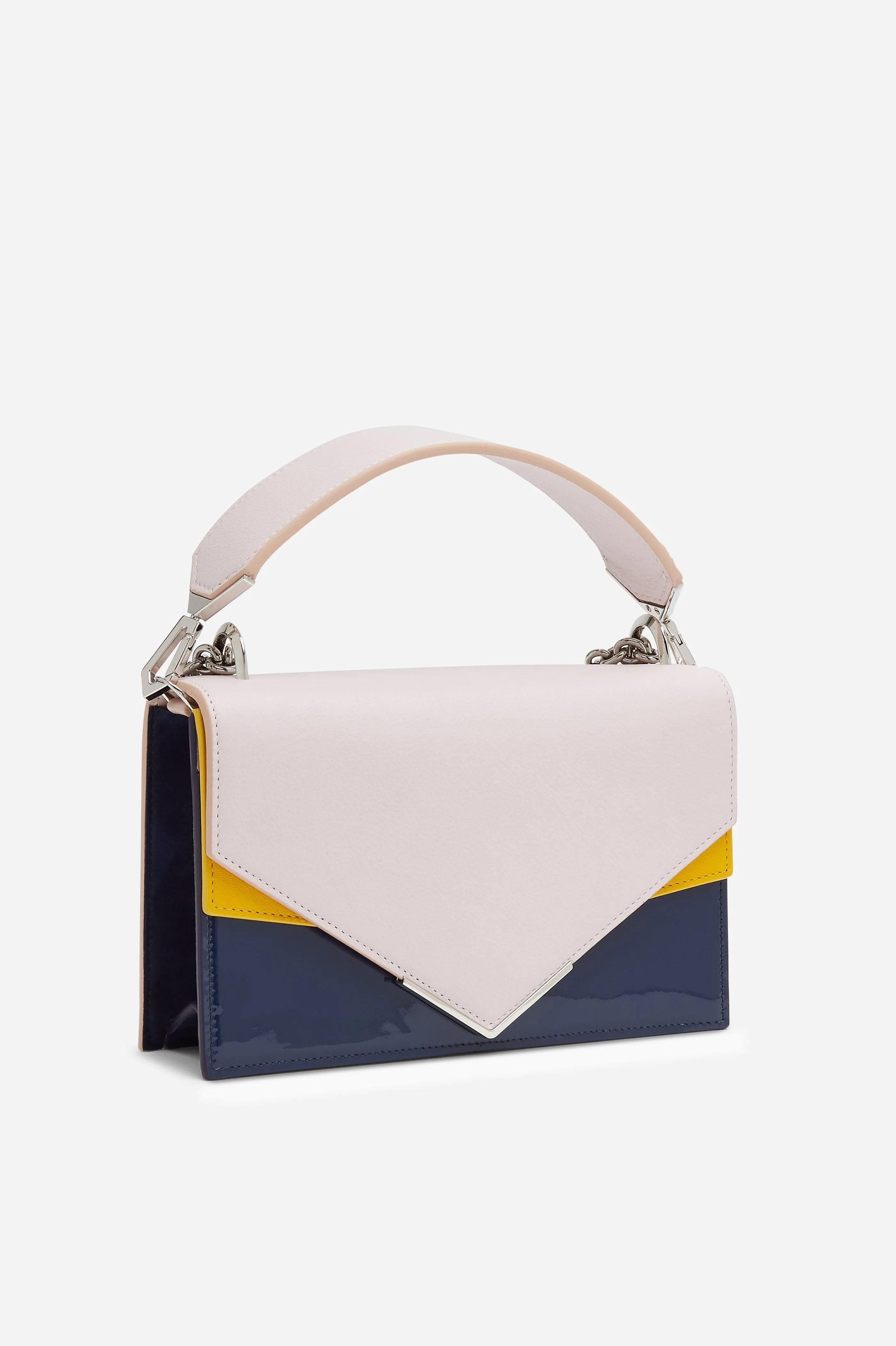 Pink, Navy and Mustard Calf Leather, Patent Leather and Suede with Silver Hardware