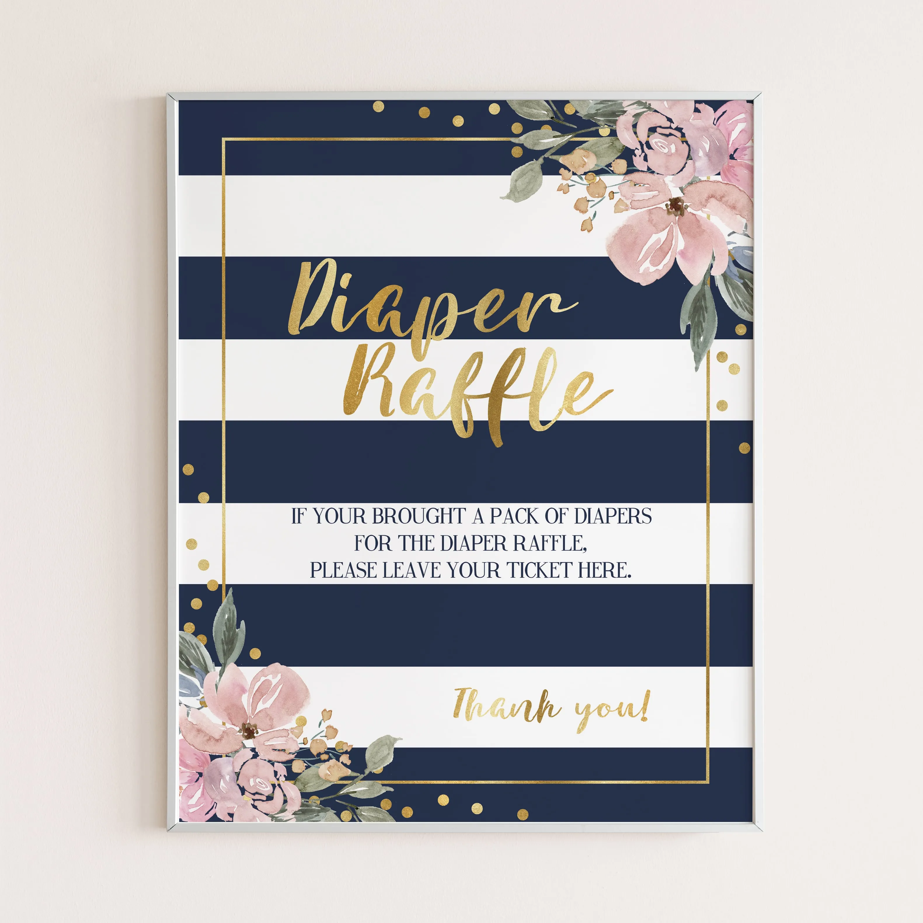 Printable Diaper Raffle Sign with Flowers and Navy Stripes