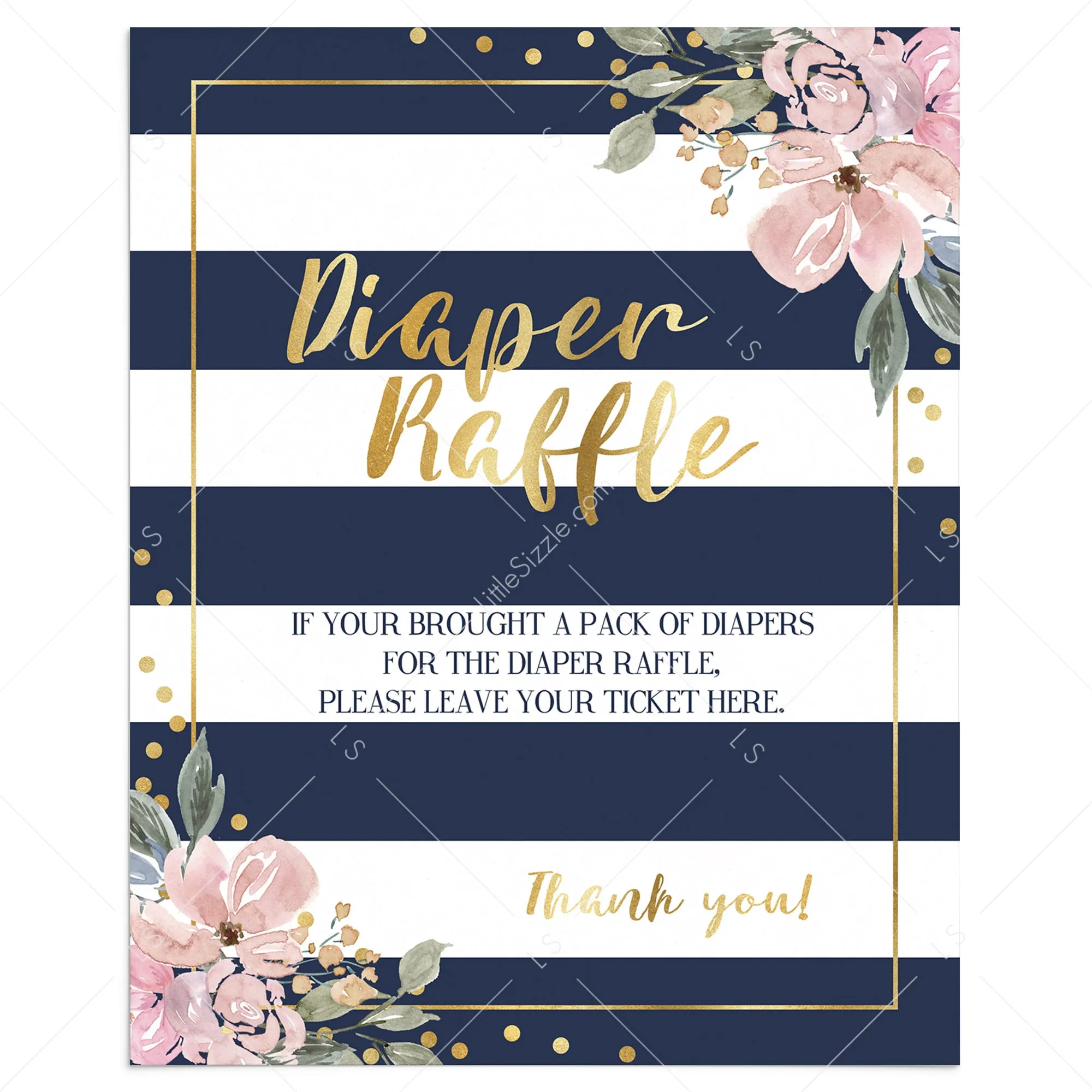 Printable Diaper Raffle Sign with Flowers and Navy Stripes