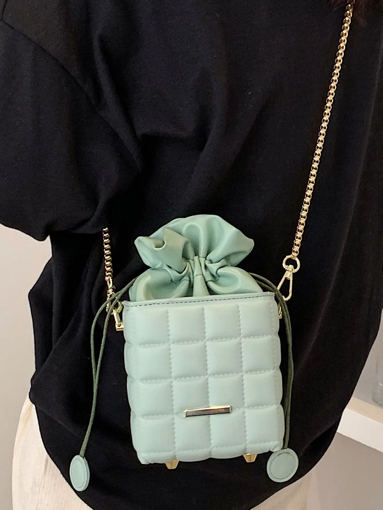 Quilted Drawstring Bucket Bag