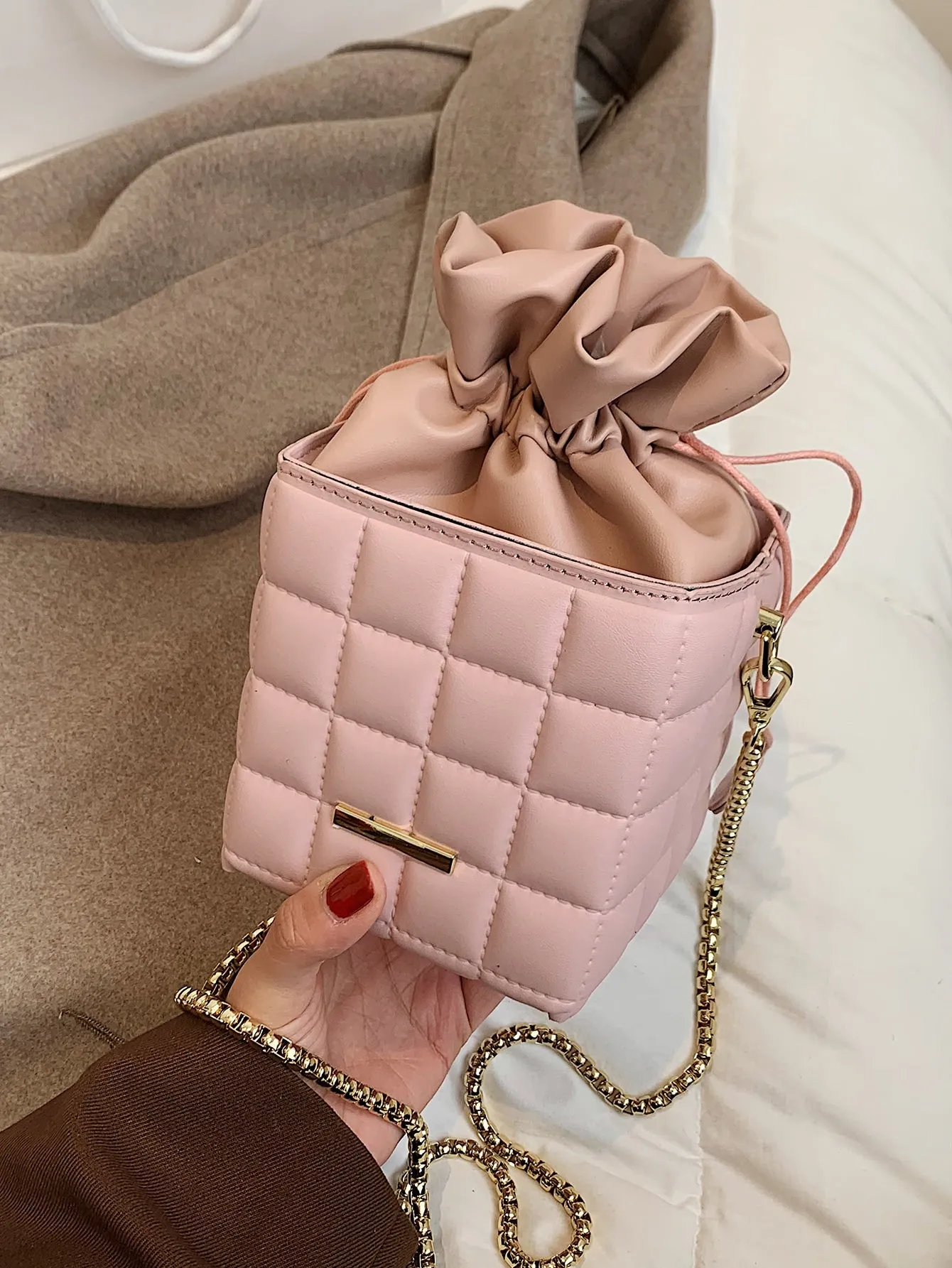 Quilted Drawstring Bucket Bag