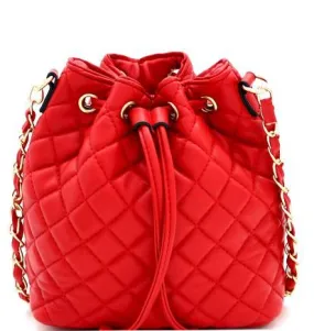 Red Quilted Drawstring Bucket Crossbody Bag Satchel