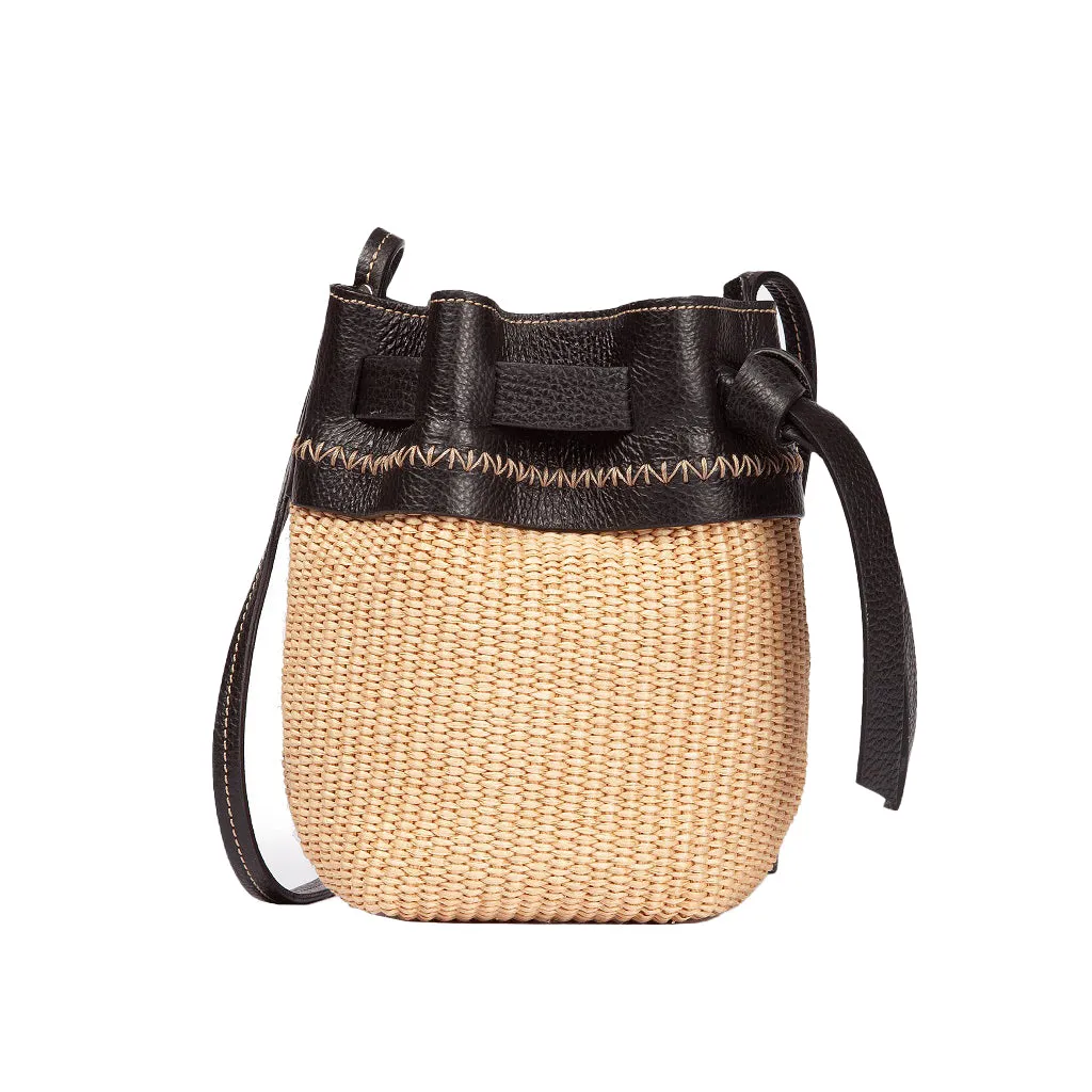 Roberta Gandolfi Ambra Mini Straw-Effect Bucket Bag in Natural Beige