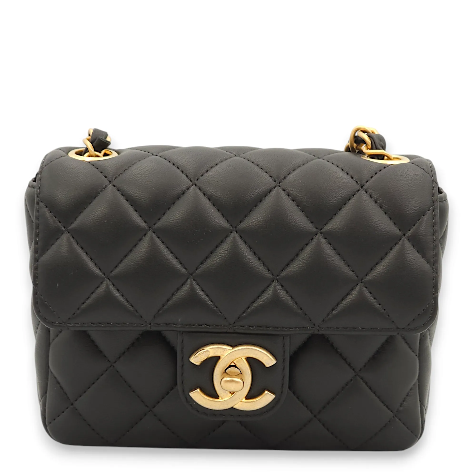 Seasonal Flap with Charms Strap Mini Black Crossbody Bag in Lambskin, Gold hardware