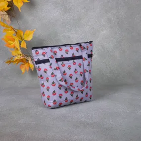 Small Handbag Grey Colour With Red Colour Flower Design.