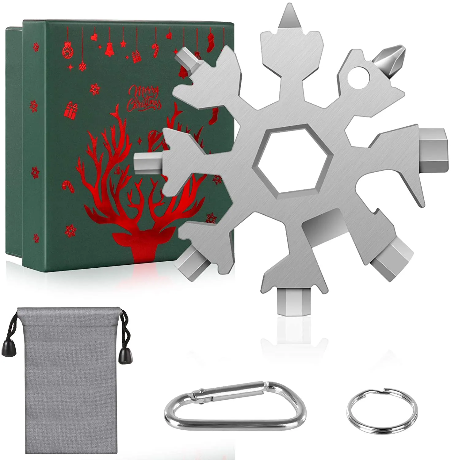 Snowflake Multi Tool,Stainless Steel Snowflake Tool,18 in 1 Snowflake Multi Tool with Waterproof Storage Bag,Key Ring and Carabiner Clip,Christmas Gift Box