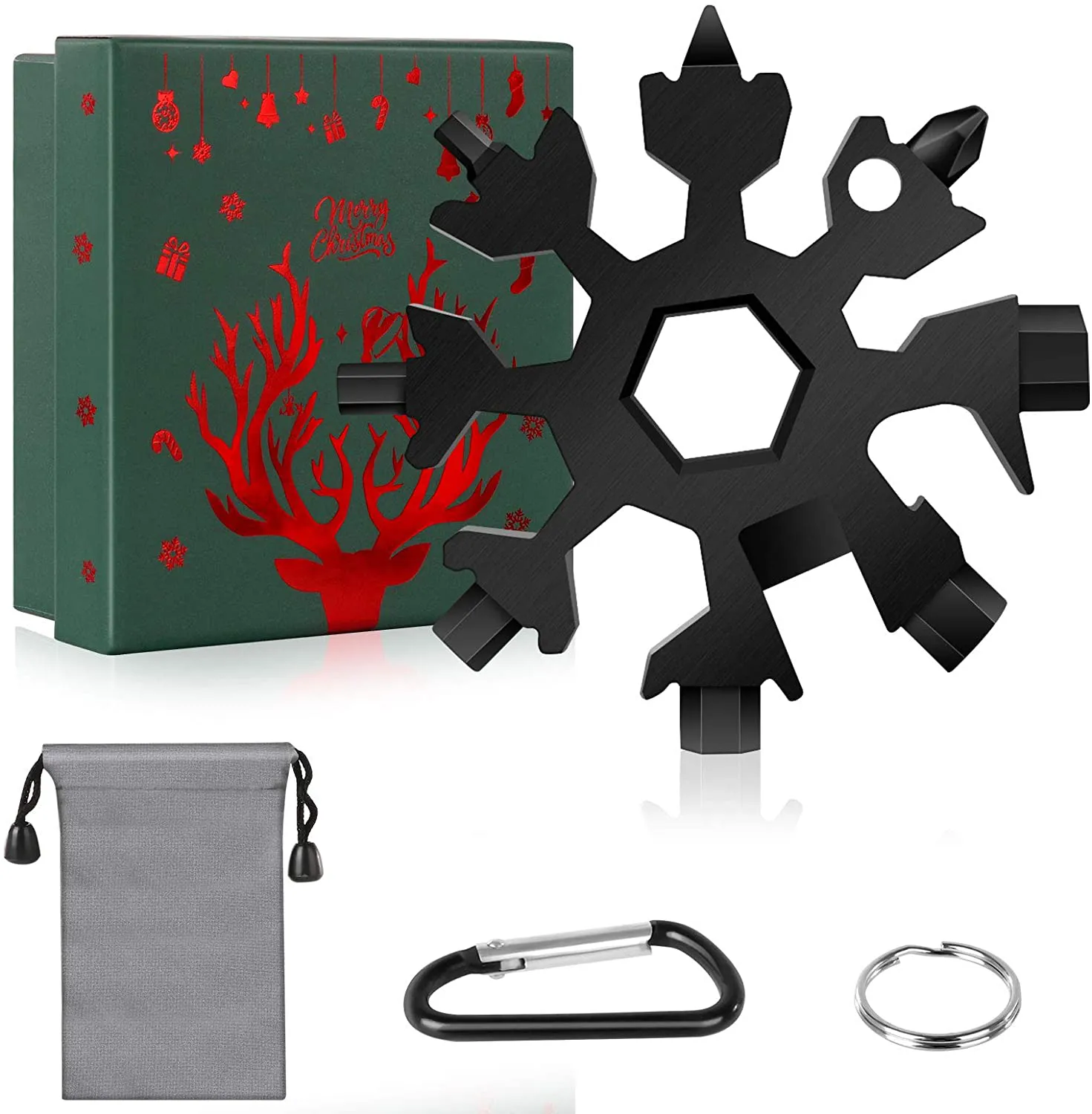 Snowflake Multi Tool,Stainless Steel Snowflake Tool,18 in 1 Snowflake Multi Tool with Waterproof Storage Bag,Key Ring and Carabiner Clip,Christmas Gift Box