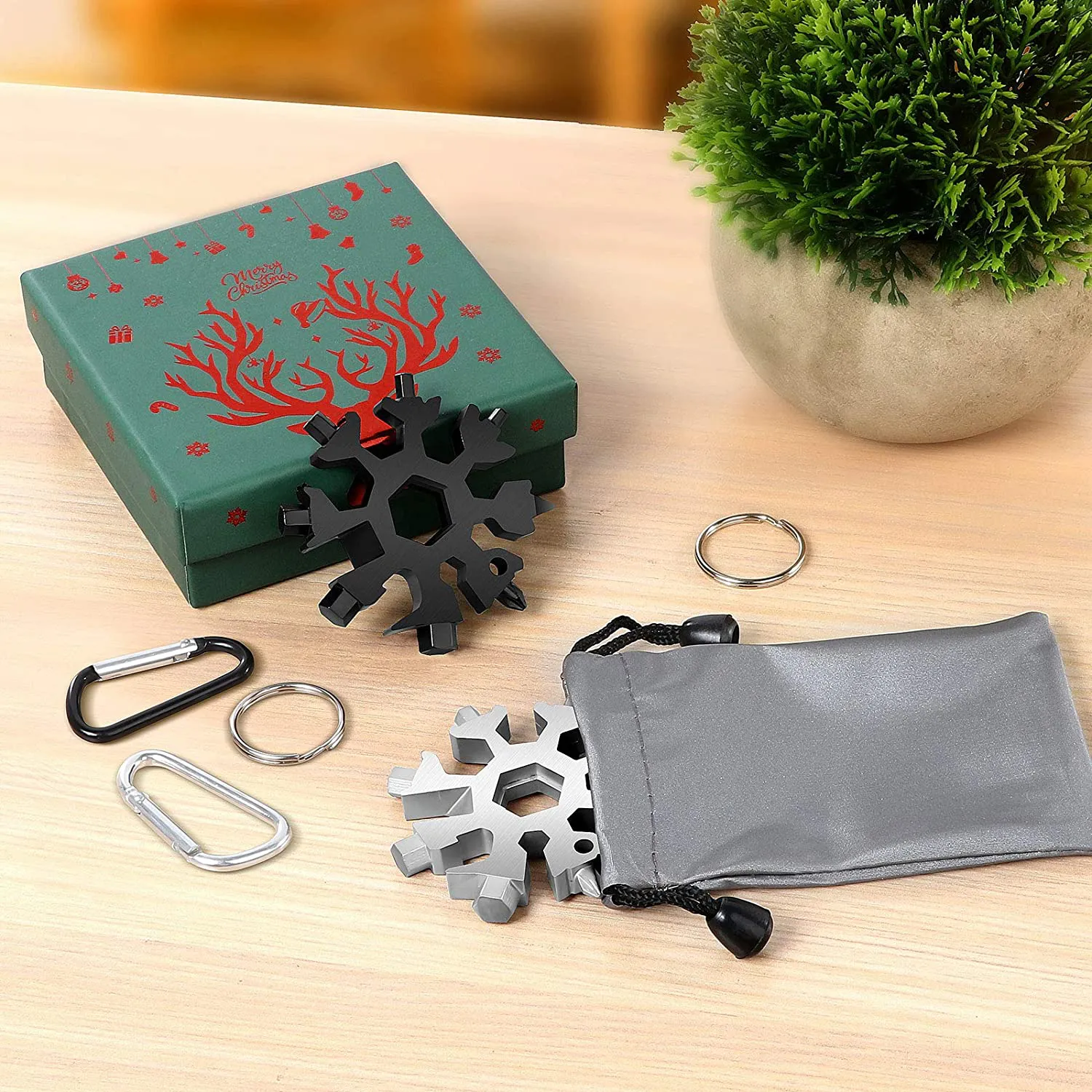 Snowflake Multi Tool,Stainless Steel Snowflake Tool,18 in 1 Snowflake Multi Tool with Waterproof Storage Bag,Key Ring and Carabiner Clip,Christmas Gift Box