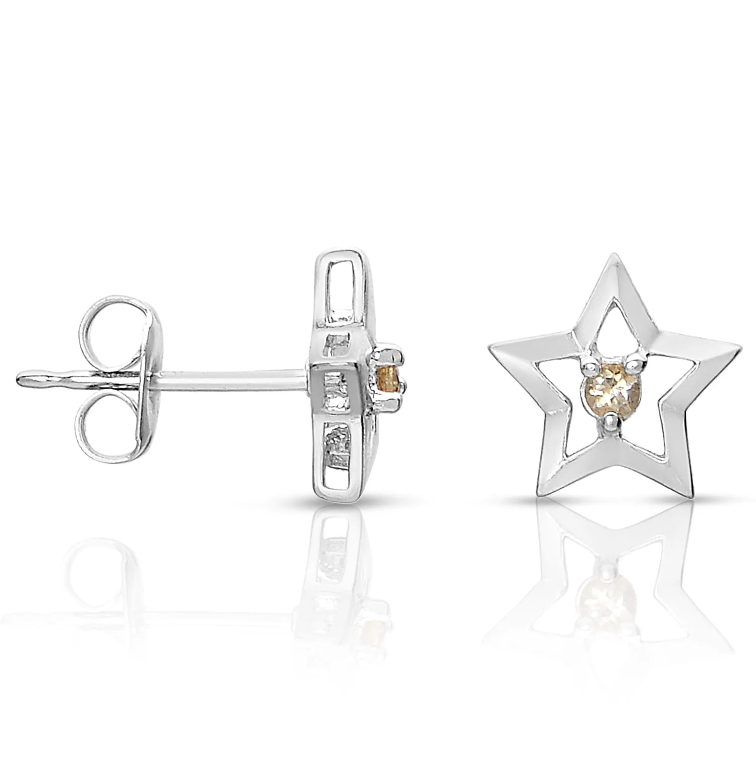 Sterling Silver White Gold Plated with Yellow Tourmaline Gemstone Star Shaped Stud Earrings