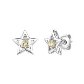 Sterling Silver White Gold Plated with Yellow Tourmaline Gemstone Star Shaped Stud Earrings