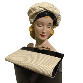 Stylish Tan and White Striped Fabric Hat and Handbag with Black Patent Vinyl Trim circa 1960s