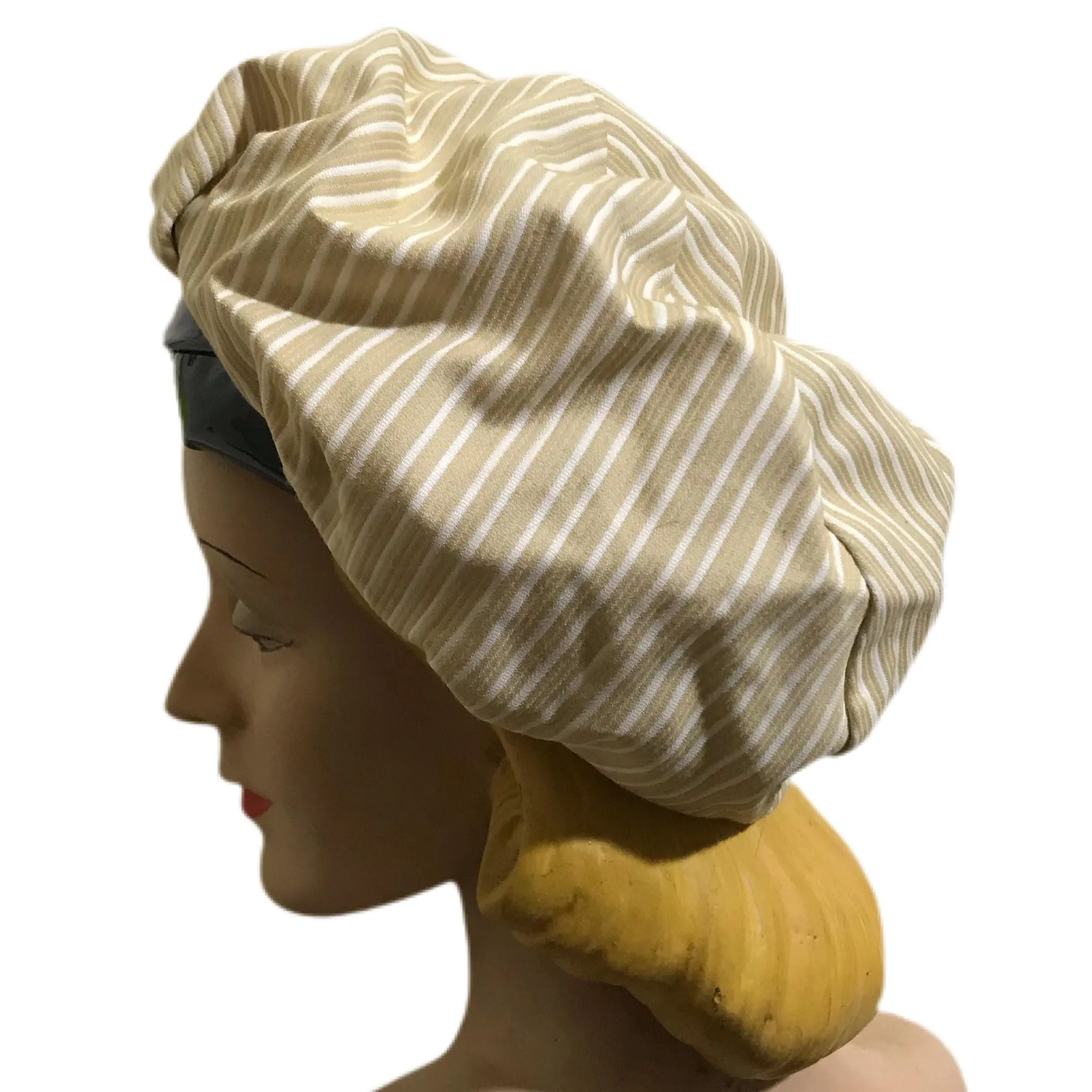 Stylish Tan and White Striped Fabric Hat and Handbag with Black Patent Vinyl Trim circa 1960s