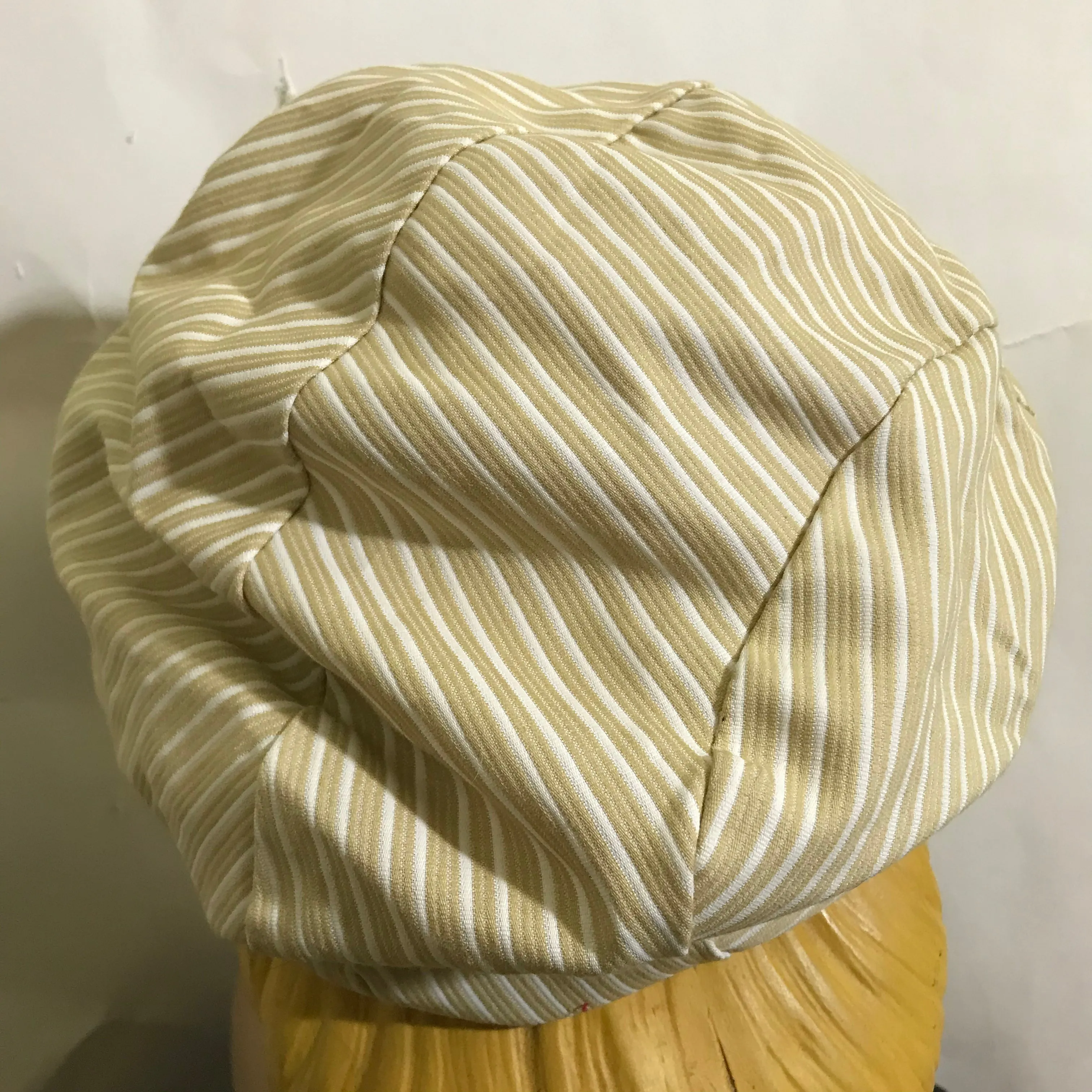 Stylish Tan and White Striped Fabric Hat and Handbag with Black Patent Vinyl Trim circa 1960s