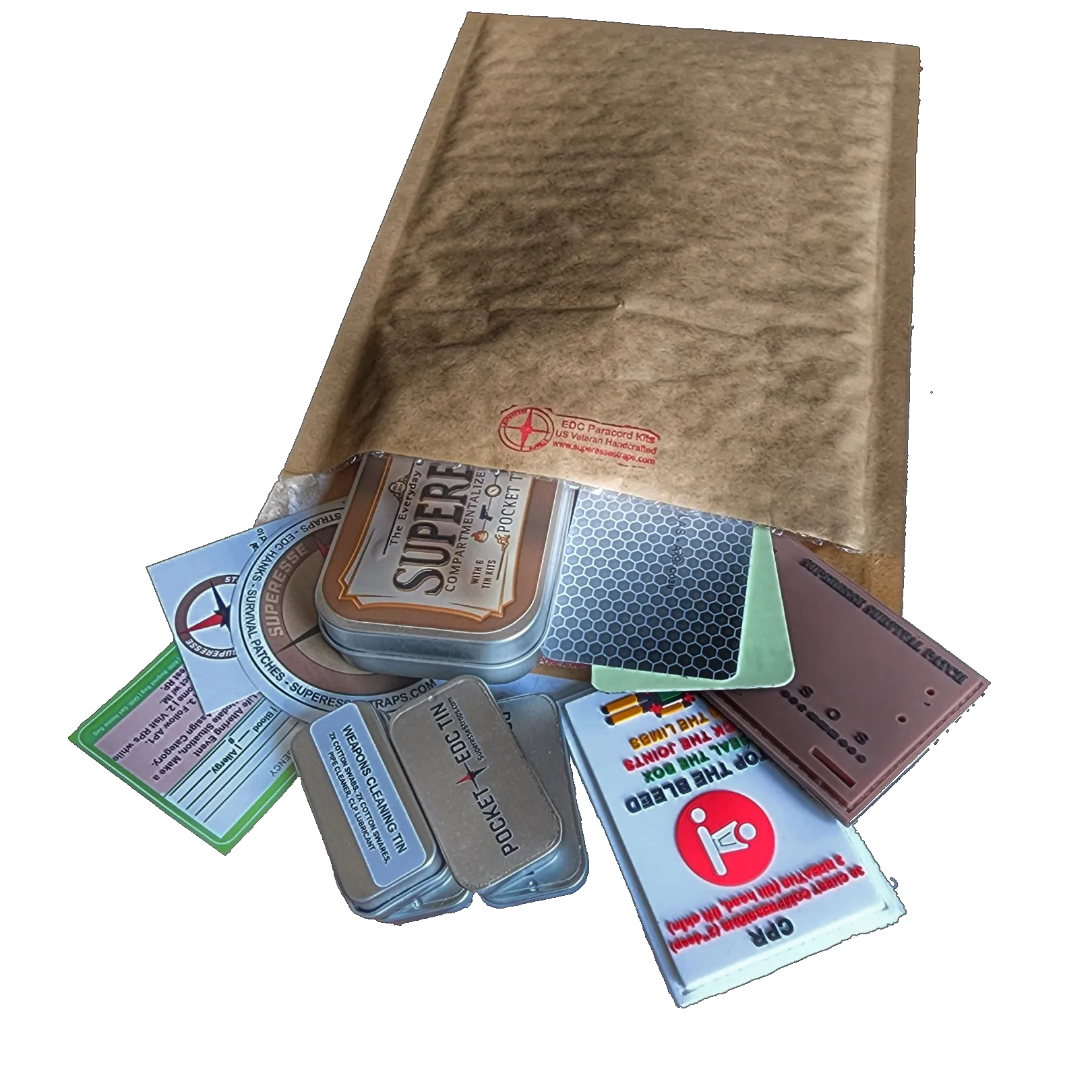 Superesse Gear of the Month - A rotation of Patch Kits, Hanks, EDC Tin Kits, Shim Cards, Straps, and more.