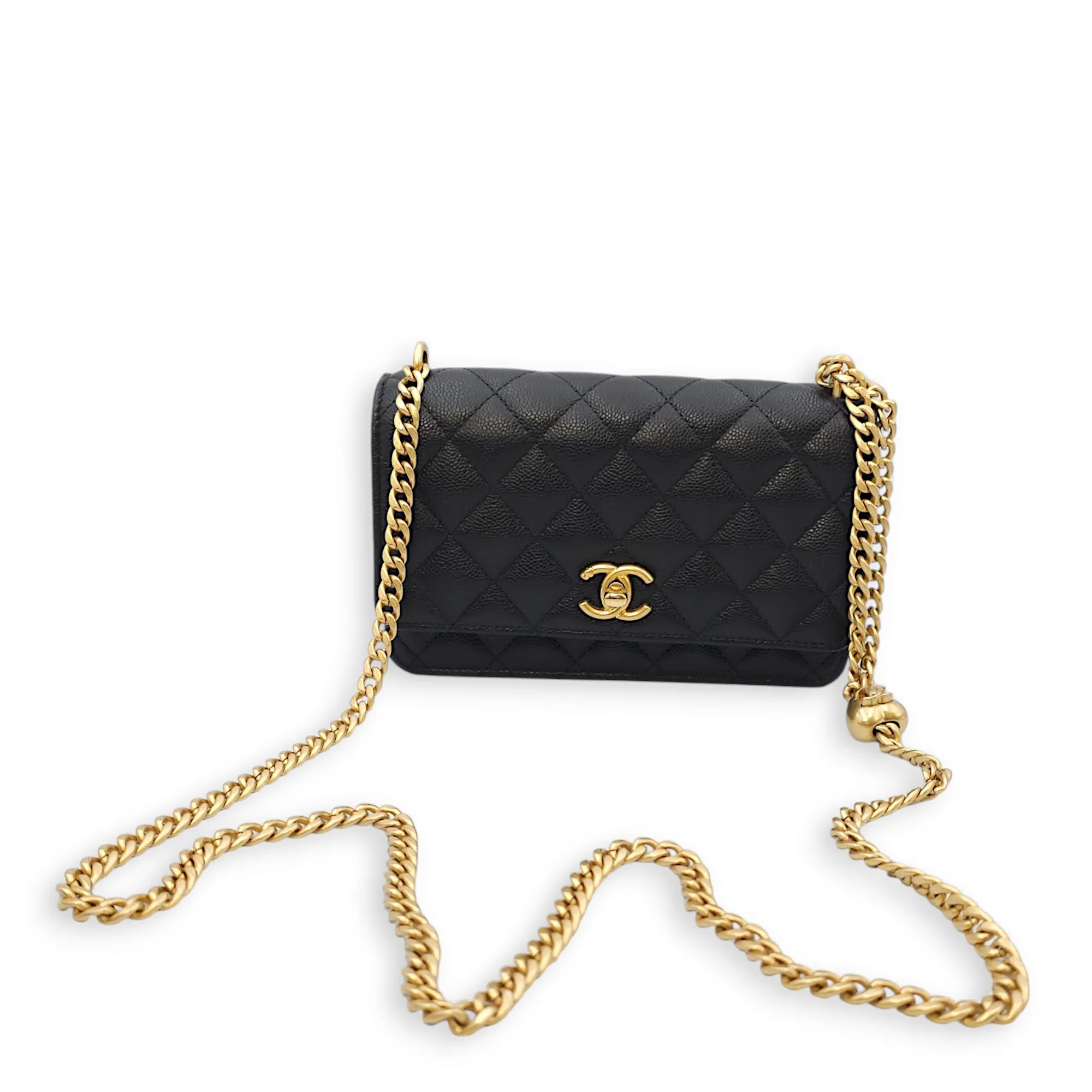 Sweet Heart Wallet-On-chain Black Crossbody Bag in Caviar Leather, Gold hardware