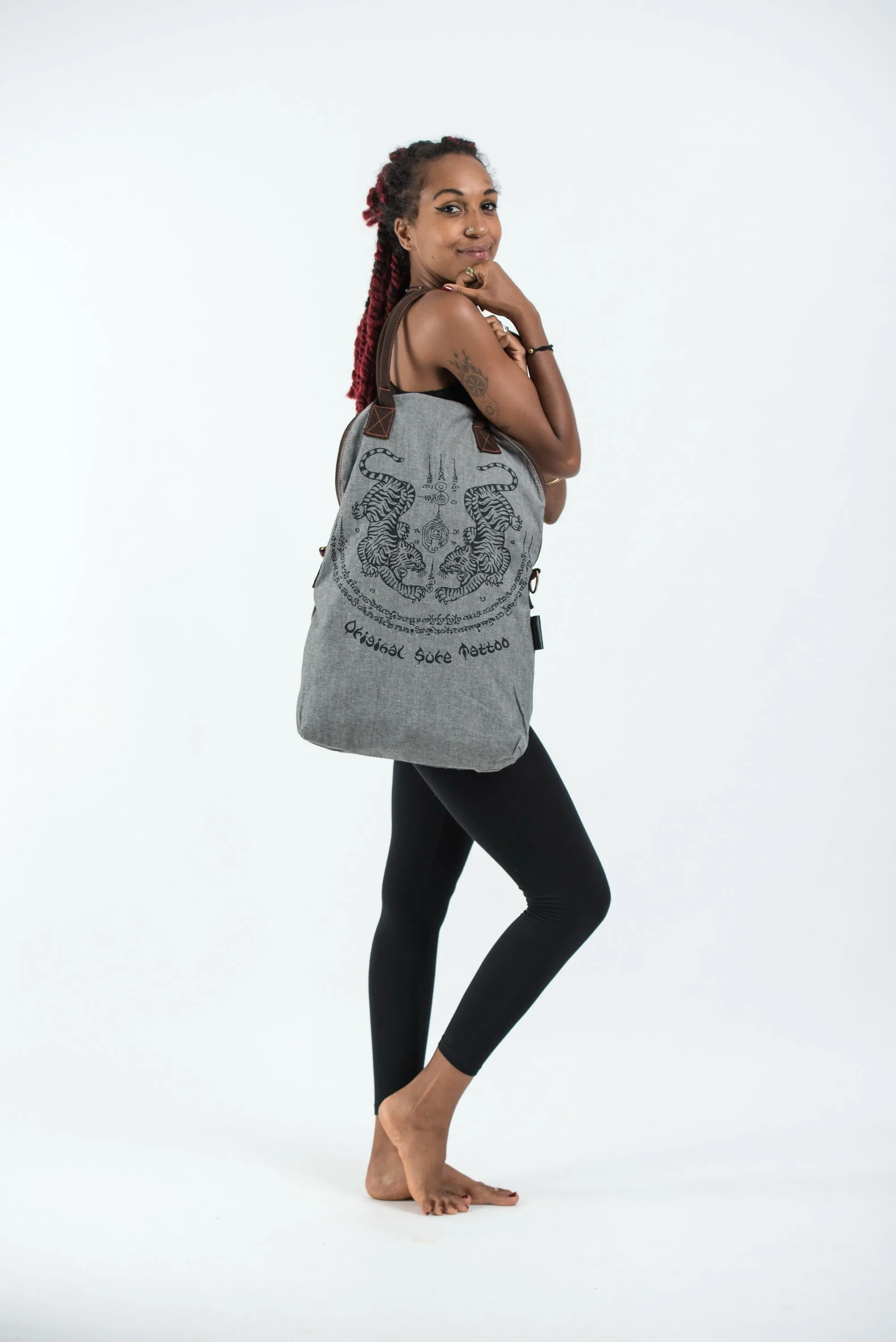 Thai Tattoo Oversize Zippered Shoulder Bag in Denim Gray