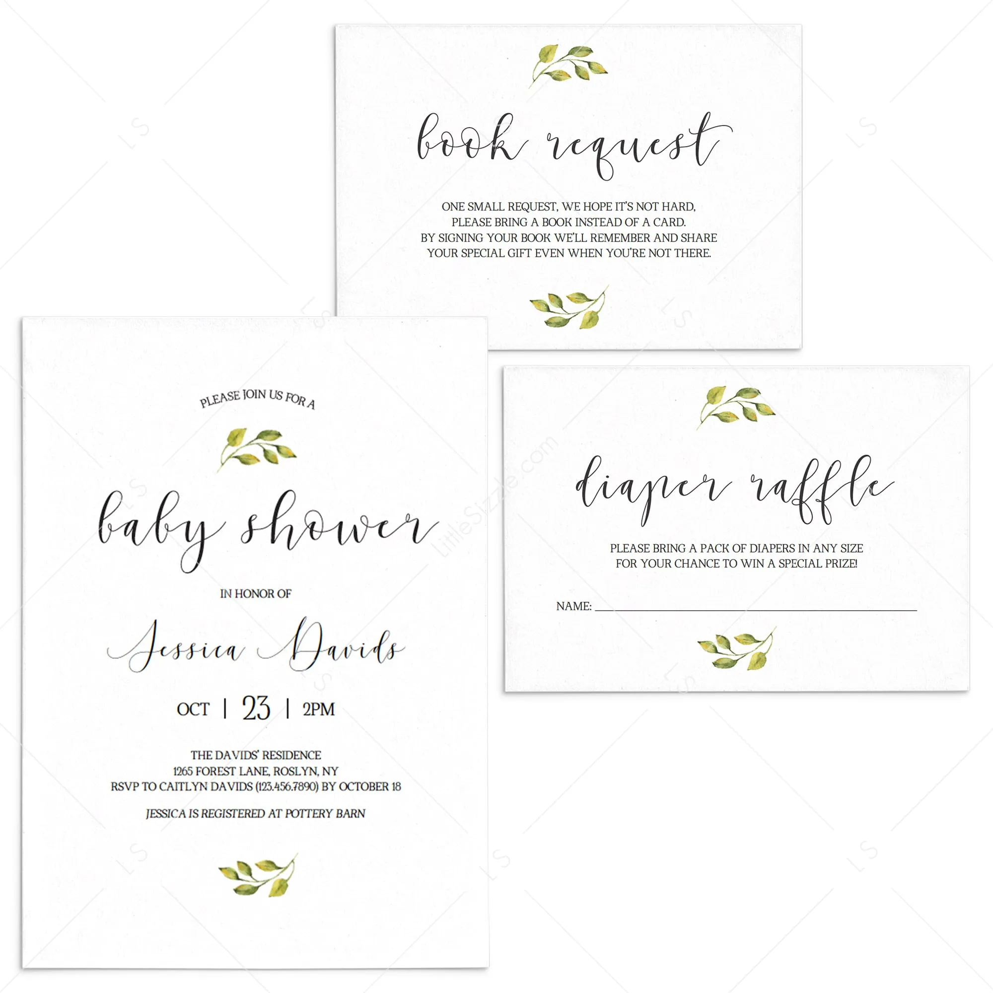 White and Green Baby Shower Invitation Suite Instant Download