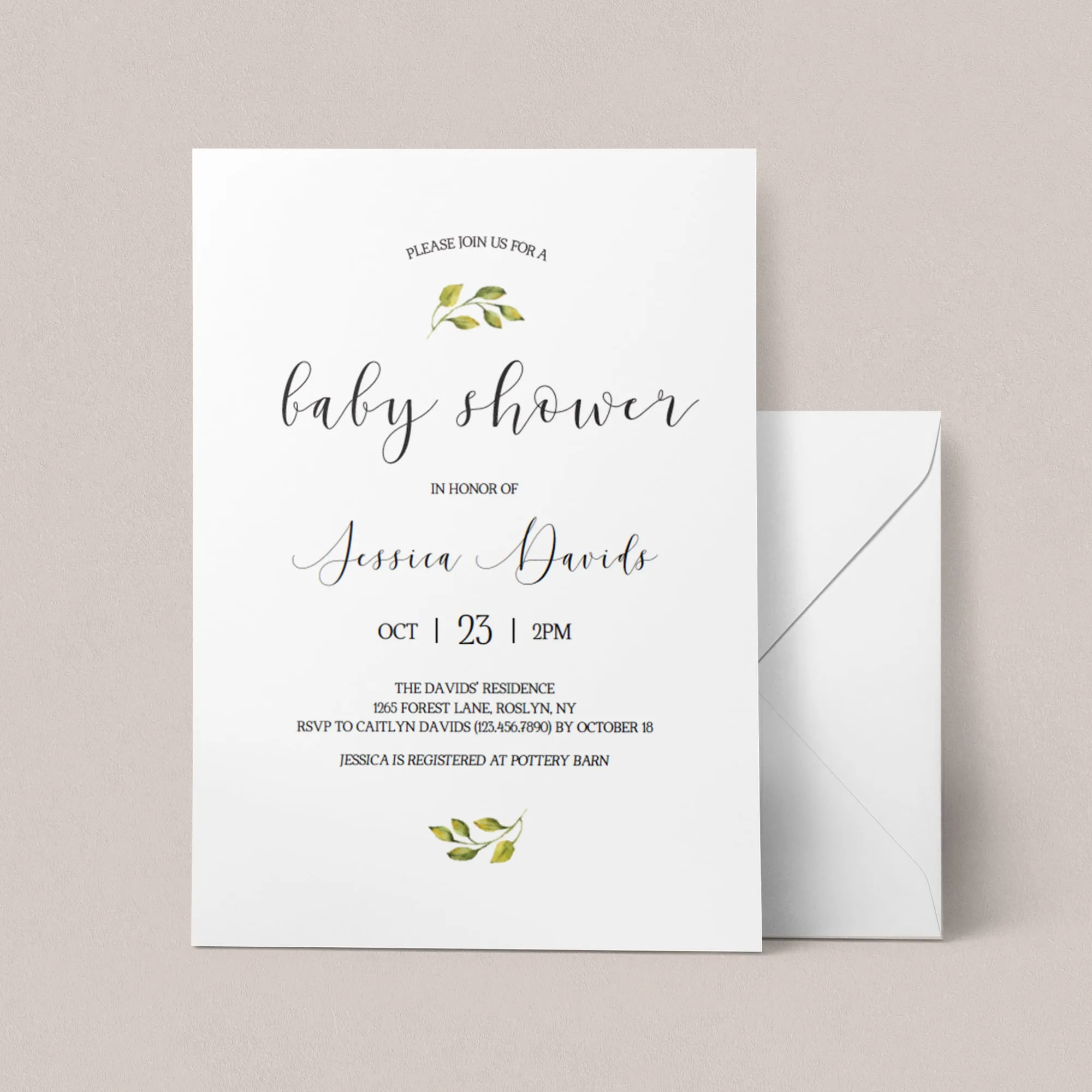 White and Green Baby Shower Invitation Suite Instant Download