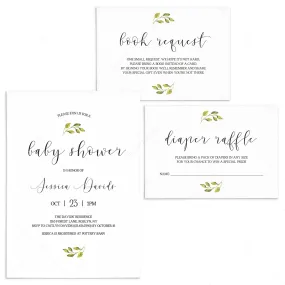 White and Green Baby Shower Invitation Suite Instant Download