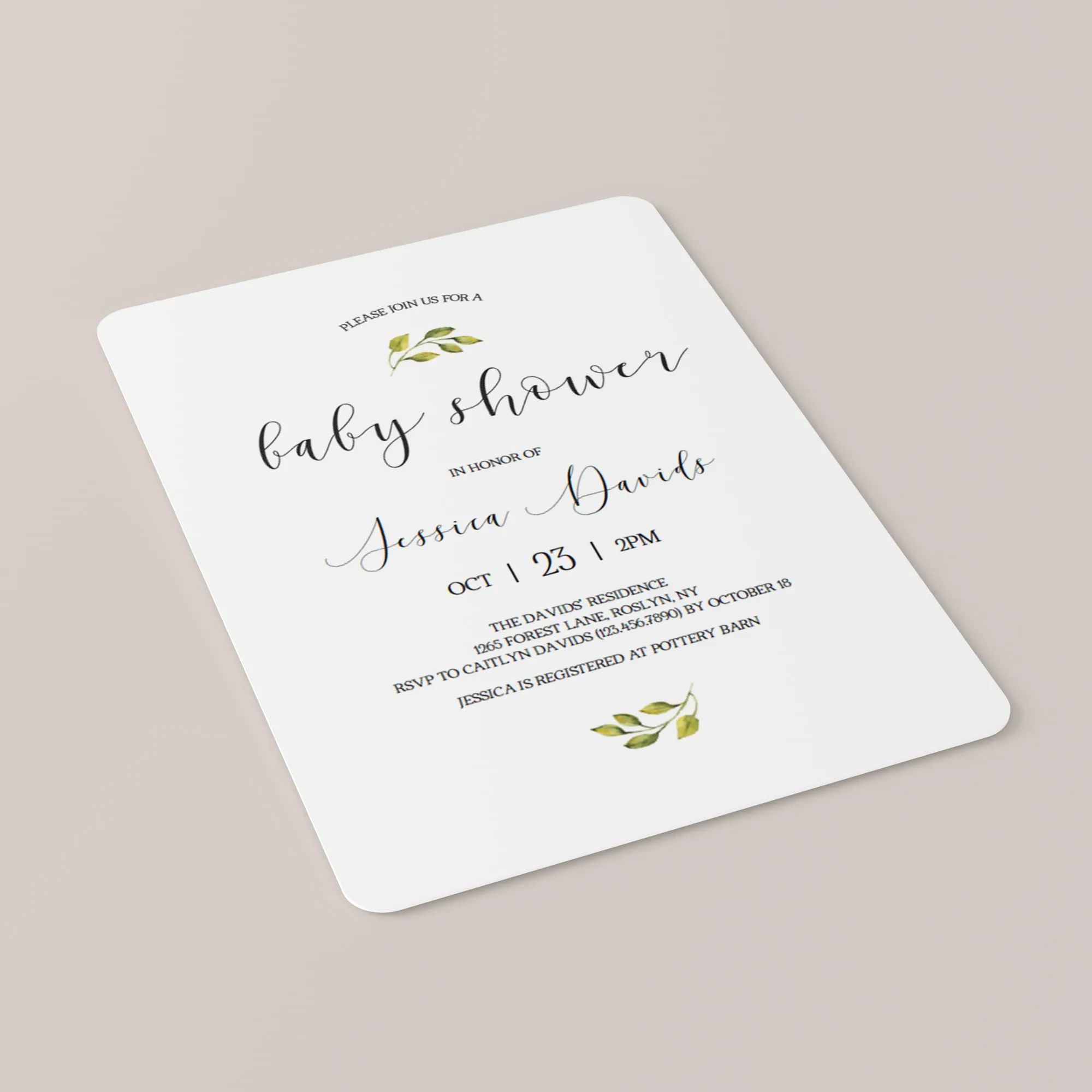 White and Green Baby Shower Invitation Suite Instant Download