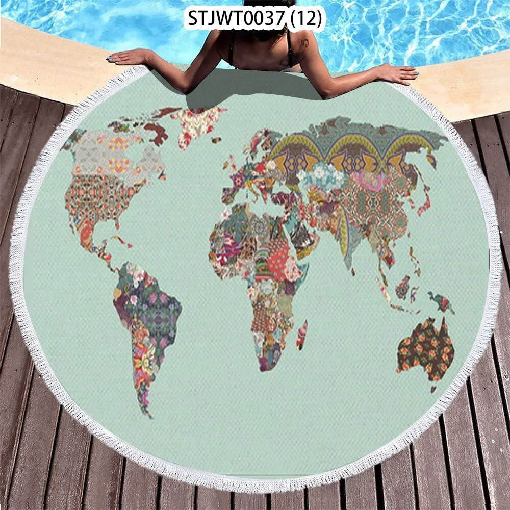 World map pattern Summer Round Swimming Quick-dry Microfiber Bath Towel Swimming Beach Towel Sports Towel Full Body Bath Towel